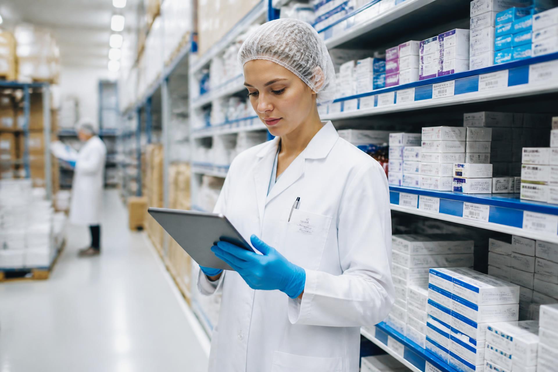 Almacén farmacéutico con personal especializado gestionando inventario médico