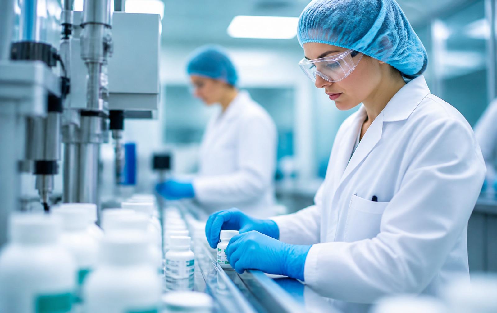 Laboratorio farmacéutico con personal en asepsia controlando calidad de medicamentos